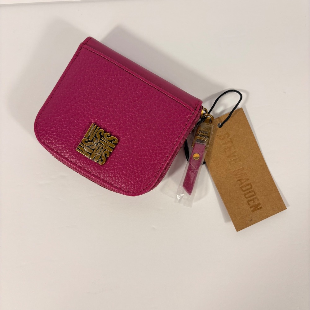 Steve Madden BCARDY Dark Fuschia Half Zip Around Wallet Pebbled Faux Leather New